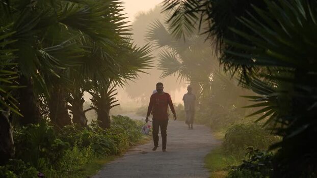 View of people walking on a path lined with palm trees Bangladesh. View of people walking on a path lined with palm trees Bangladesh.