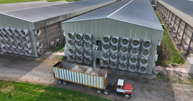 Aerial view of an industrial poultry farm with numerous ventilation fans a semi truck on a gravel path and workers in protective gear in East Donegal Township Pennsylvania United States.