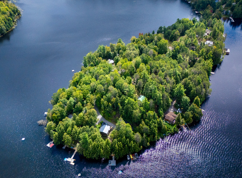 Aerial view of Baptiste Lake featuring a lush forested island with private cottages wooden docks and shimmering blue water in Hastings Highlands Ontario Canada.