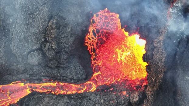 Aerial view of Sundhnukur Volcano with glowing lava Iceland.