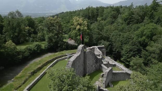 Aerial view of Schalun Castle ruins in Liechtenstein.