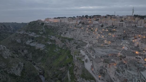 Aerial view of Sassi di Matera at dusk Italy.