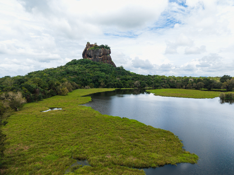 Aerial view of Sigiriya Lion Rock rising above dense tropical forest and a calm lake with marshy grass under a cloudy sky Sigiriya Central Province Sri Lanka. Aerial view of Sigiriya Lion Rock rising above dense tropical forest and a calm lake with marshy grass under a cloudy sky Sigiriya Central Province Sri Lanka.