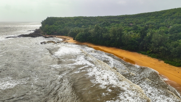 Aerial view of Gokarna Main Beach with golden sands crashing waves and lush green coastal vegetation Gokarna Karnataka India.