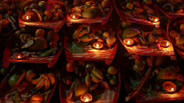 View of ritual offerings with lit lamps in Bogura Bangladesh. View of ritual offerings with lit lamps in Bogura Bangladesh.