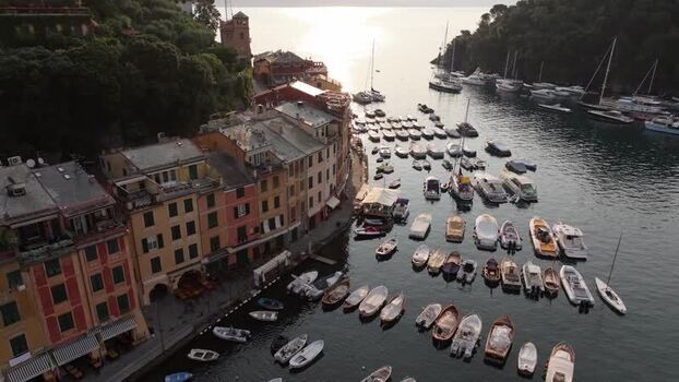 Aerial view of Portofino harbor with boats in Italy. Aerial view of Portofino harbor with boats in Italy.