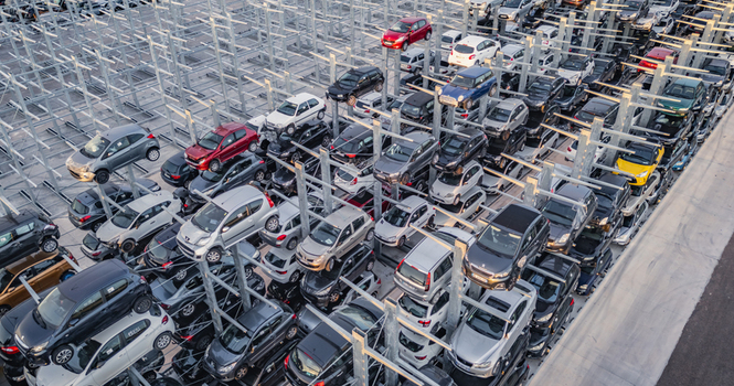 Livron sur Drome France 20 June 2026 Aerial view of a vehicle salvage yard with damaged and end of life cars stored in stacked metal racks. Livron sur Drome France 20 June 2026 Aerial view of a vehicle salvage yard with damaged and end of life cars stored in stacked metal racks.
