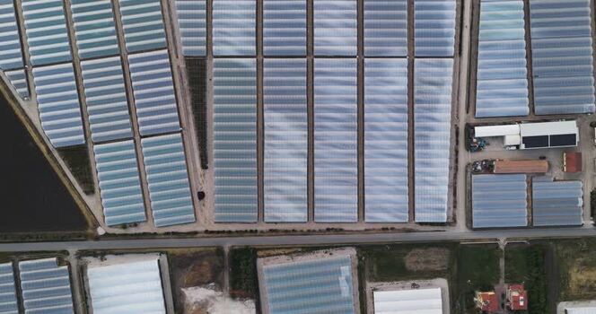 Aerial view of rows of agricultural greenhouses in Paestum Italy.