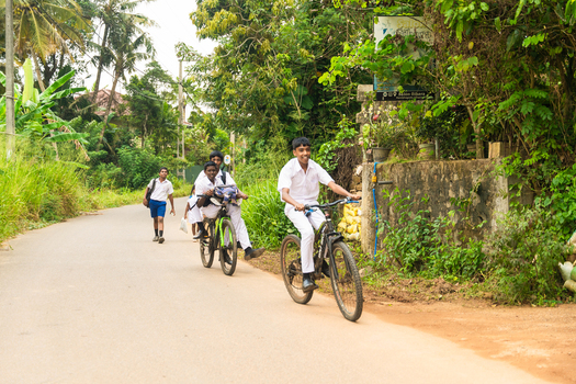 Sri Lanka 06 February 2026 View of schoolboys in white uniforms riding bicycles and walking along a rural road surrounded by lush tropical greenery.