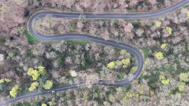 Aerial view of winding road through forest France.