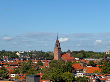 Aerial view of the historic St. Boniface Church tower rising above the red tiled rooftops and lush green trees of the city under a clear blue sky in Leeuwarden Friesland Netherlands.