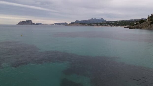 Aerial view of the coastline of Moraira Spain.