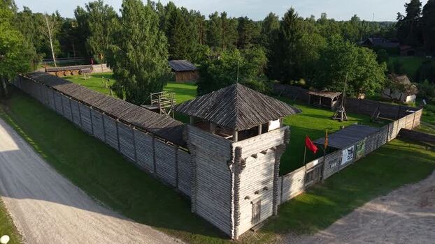 Aerial view of Voruta castle in Anyksciai Lithuania.