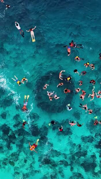 Aerial view of snorkelers in clear blue water in Bali Indonesia.