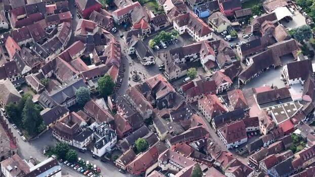 Aerial view of the historic rooftops of Ribeauville France. Aerial view of the historic rooftops of Ribeauville France.