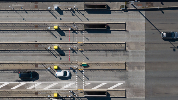 Aerial view of the Gare de Peage de Dury toll plaza with vehicles passing through lanes in Saleux Hauts de France France.