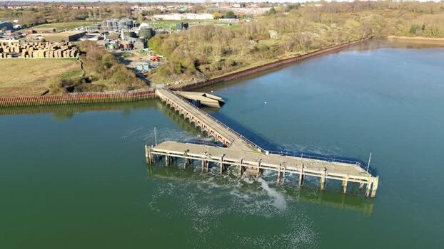 Aerial view of Anglian Water Cliff Quay WRC outfall United Kingdom.