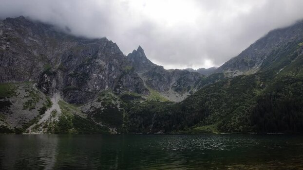 View of Morskie Oko lake surrounded by rocky peaks in Poland.
