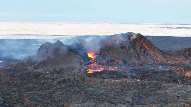 Aerial view of Sundhnukur Volcano with glowing lava flow Iceland.
