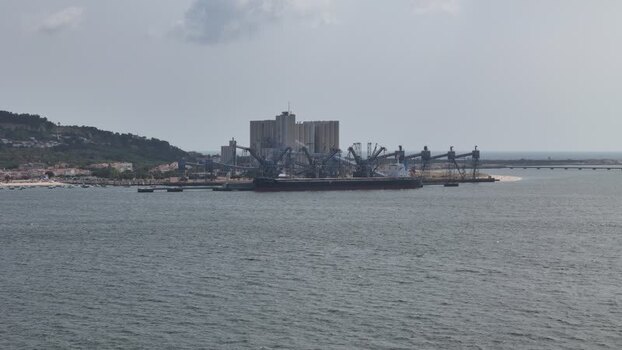 Aerial view of Silopor grain terminal in Trafaria Portugal.