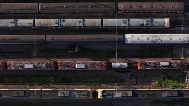 Aerial view of train depot and wagons Portugal.