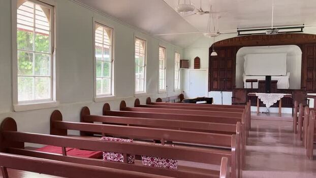 View of church interior with pews and altar Pitcairn Islands.