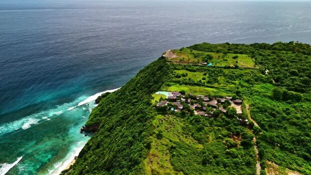 Aerial view of a cliffside resort in Bali Indonesia.