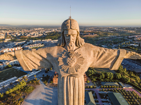 Aerial view of Cristo Rei Christ the King a famous monument in Almada near Lisbon Portugal.