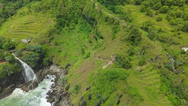 Aerial view of Banyutibo Waterfall on the coast Indonesia.