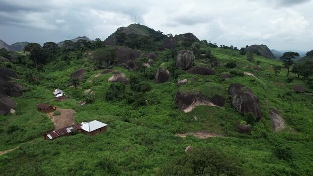 Aerial view of Idanre Hill with granite boulders Nigeria.