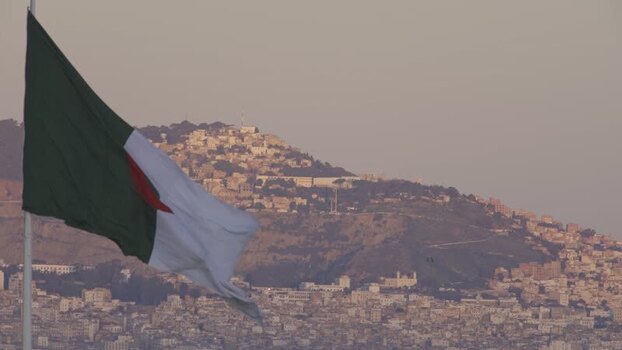 Aerial view of Algerian flag waving over the hillside city Algeria.