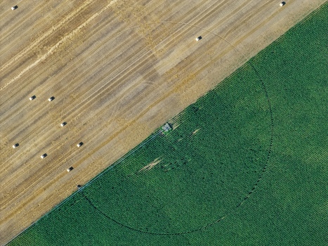 Aerial view of agricultural fields showing a contrast between harvested stubble with hay bales and lush green crops with a circular irrigation pattern in Hombourg Grand Est France. Aerial view of agricultural fields showing a contrast between harvested stubble with hay bales and lush green crops with a circular irrigation pattern in Hombourg Grand Est France.