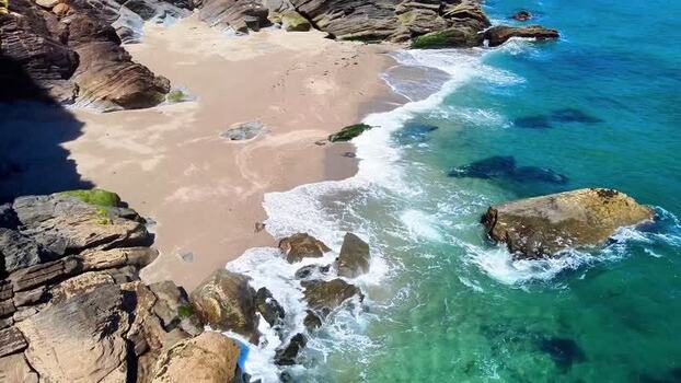 Aerial view of Lantic Bay beach in Polruan United Kingdom.