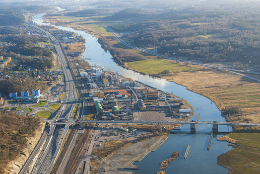 Aerial view of Bohus fortress area with industrial buildings a river and highway infrastructure in Ale Vastra Gotaland County Sweden. Aerial view of Bohus fortress area with industrial buildings a river and highway infrastructure in Ale Vastra Gotaland County Sweden.