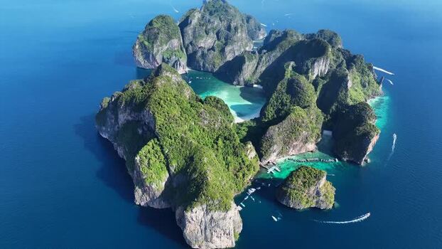Aerial view of Phi Phi Islands limestone cliffs in Thailand.