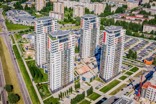 Riga Latvia 25 May 2014 Aerial view of modern residential district Skanste with high rise apartment buildings green spaces and surrounding urban infrastructure.