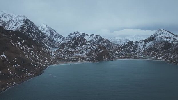 Aerial view of Uttakleivveien coastline Norway.