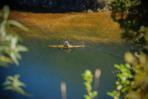View of a person paddling a yellow kayak on the clear waters of Nahuel Huapi Lake framed by green foliage in San Carlos de Bariloche Rio Negro Argentina. View of a person paddling a yellow kayak on the clear waters of Nahuel Huapi Lake framed by green foliage in San Carlos de Bariloche Rio Negro Argentina.