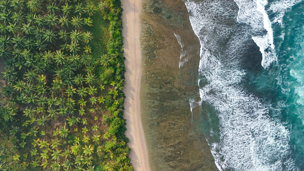 Aerial view of a tropical beach bordered by lush palm trees and turquoise ocean waves crashing against the reef in Indonesia. Aerial view of a tropical beach bordered by lush palm trees and turquoise ocean waves crashing against the reef in Indonesia.