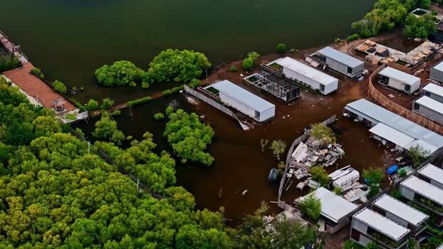 Aerial view of flooded modern buildings in Bali Indonesia.