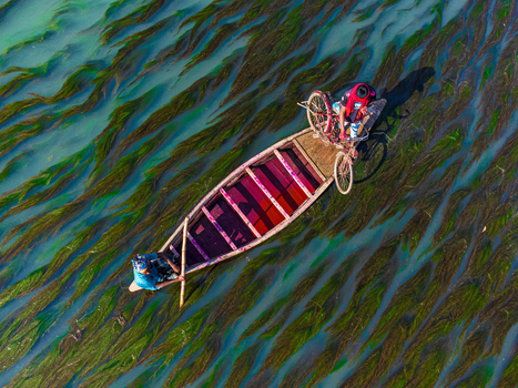 Rajshahi Bangladesh 13 December 2025 Aerial view of a vibrant boat cutting through the murky green waters carrying a bicycle and passengers under the watchful eye of the sun.