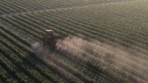 Aerial view of a tractor spraying a vineyard France. Aerial view of a tractor spraying a vineyard France.