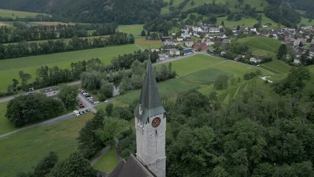 Aerial view of church tower in Vaduz Liechtenstein.