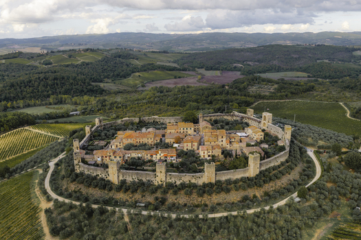 Aerial view of the historic fortified village with its medieval stone walls and towers surrounded by vineyards and olive groves in Monteriggioni Tuscany Italy.