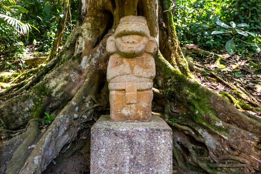 View of an ancient stone statue at San Agustin Archaeological Park set against the large mossy roots of a tree in a lush forest in San Agustin Huila Colombia.