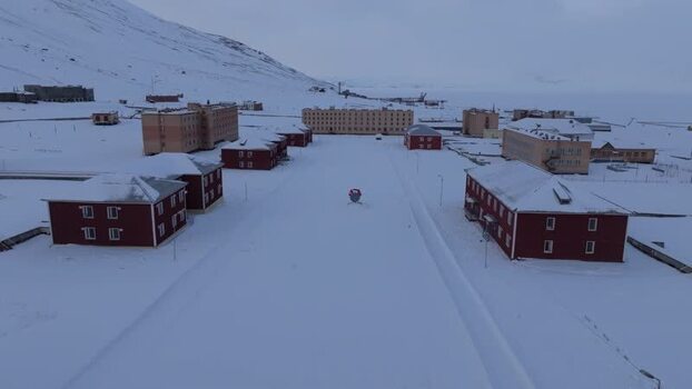 Aerial view of Pyramiden in the snow Svalbard and Jan Mayen.