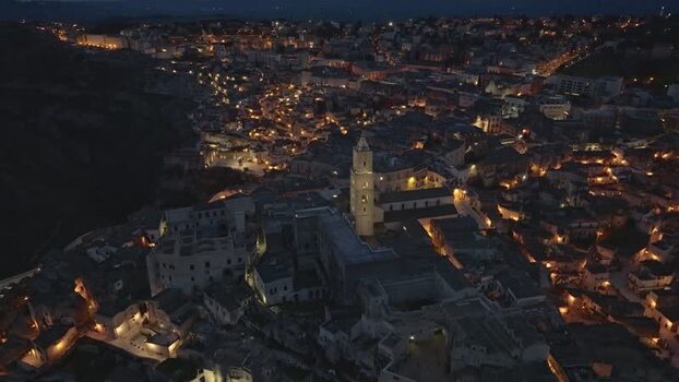 Aerial view of Matera at night Italy.