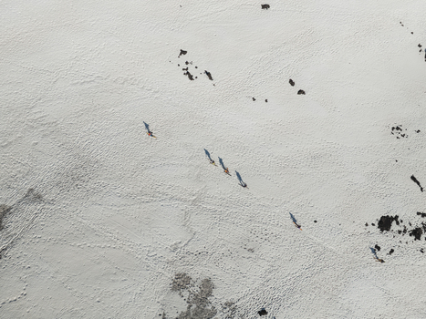 Aerial view of hikers walking across the snow covered south side of Mount Etna with long shadows and volcanic rocks Nicolosi Sicilia Italy. Aerial view of hikers walking across the snow covered south side of Mount Etna with long shadows and volcanic rocks Nicolosi Sicilia Italy.