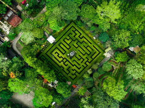Aerial view of the hedge maze at Coban Rondo Waterfall Pujon surrounded by lush green trees and vegetation in Kecamatan Pujon Jawa Timur Indonesia. Aerial view of the hedge maze at Coban Rondo Waterfall Pujon surrounded by lush green trees and vegetation in Kecamatan Pujon Jawa Timur Indonesia.