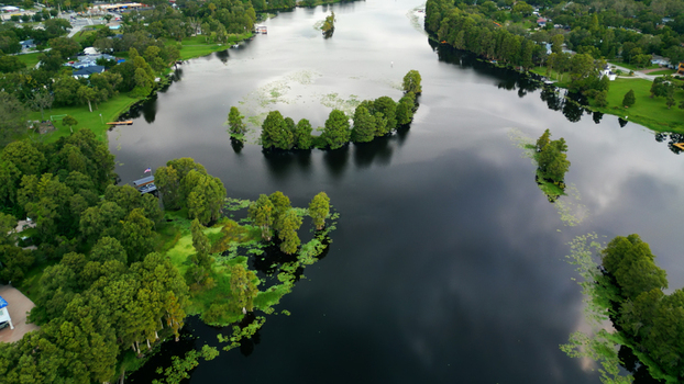 Aerial view of a calm lake surrounded by lush green trees and residential houses in a neighborhood in Tampa Florida United States. Aerial view of a calm lake surrounded by lush green trees and residential houses in a neighborhood in Tampa Florida United States.